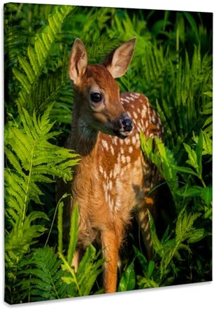 3dRose USA, Minnesota. Close-up of White-tailed deer fawn in the ferns. Museum Grade Canvas Wrap 16x20