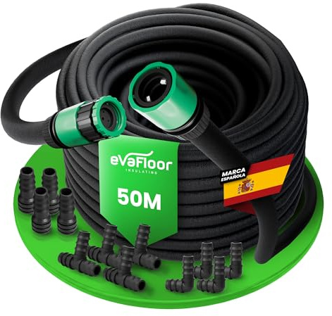 EVAFLOOR Manguera de riego Exudante Porosa 25 m | Riego por Goteo Uniforme con Ahorro de agua | Ideal para Jardín, Huerto y Setos | Incluye Kit de Conectores