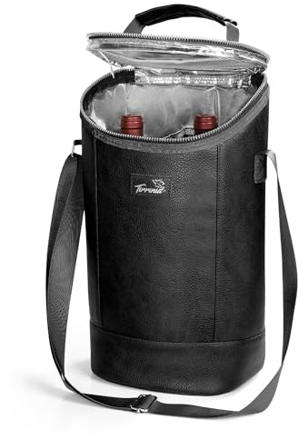 Kato Tirrinia Bolsa isotérmica aislante para 2 botellas, de piel, para llevar vino y cerveza, regalo para amantes del vino, para pícnic, color negro
