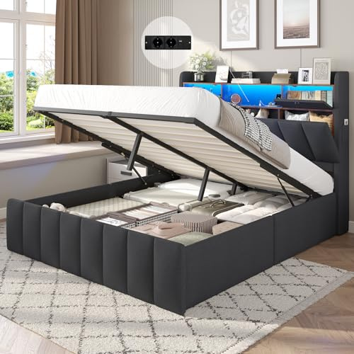 DICTAC Bett 160x200 mit LED Beleuchtung & Bettkasten– Boxspringbett 160x200 mit Stauraum und Lattenrost – Polsterbett 160x200cm mit integrierter Ladestation & mühelosem Anheben – dunkelgraues Leinen