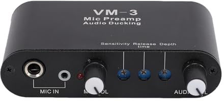 Sxhlseller Microphone Preamp with Auto Ducking, Mic Gain Booster 36dB, Dual 3.5mm & 6.35mm Mic Input, Adjustable Sensitivity Release Time Depth, Audio Ducker Preamplifier for Podcast