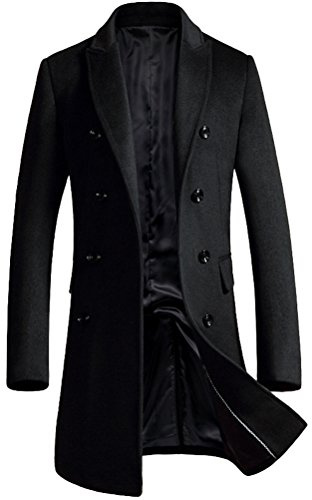 FTCayanz Uomo Cappotto Lungo Doppiopetto Trench Giacca Sottile Parka Invernale Cappotti di Lana Nero M