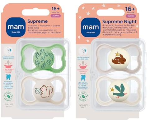 MAM Dental Schnuller Supreme, 16+ Monate, 4er Pack, haut- und zahnfreundlicher Schnuller, Skin Soft Silikon
