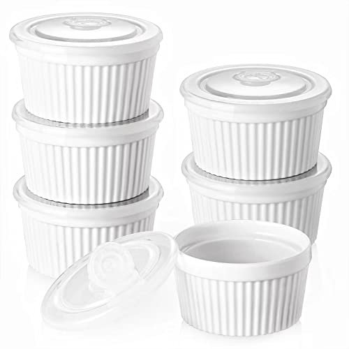 DOWAN Moldes para Soufflé con Tapas Set, 6 X 235 ml Baking Moldes de Porcelana para Hornear Crema Catalana y Tartas, Cuencos de Postre, Apto para Lavavajillas, Microondas y Horno, Ø 10cm-Blanco