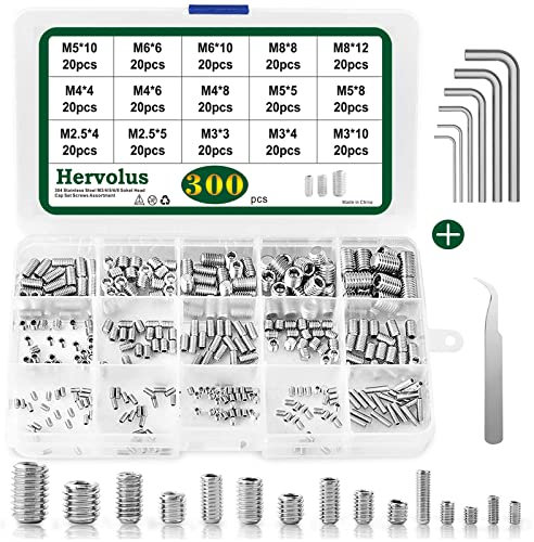 300 Stück Madenschrauben M2.5 M3 M4 M5 M6 M8 Edelstahl Gewindestift Sortiment Innensechskant Wurmschrauben Set mit 6 Schrauben Schlüssel