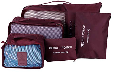 6 Teilige Packing Cubes, Reise Aufbewahrungs Taschen, Koffer Organizer für Urlaub und Reisen, Kleidertaschen, Gepäck Koffer Packen Veranstalter, Kabel Aufbewahrungstasche(Rot)