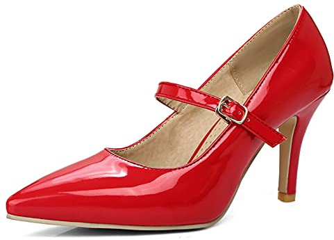 Bviennic Femmes Pointu Bride Cheville Mary Jane Aiguille Escarpins Soirée Robe Talons Hauts Mariage Cuir Verni Bureau Escarpins Rouge Taille 47 Eu-49Cn