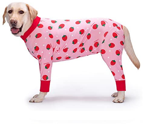 Yeapeeto Einteiler für Hunde, zur Erholung, für große und mittelgroße Hunde, Schlafanzug, Ganzkörper für Haarausfall, Allergien, Anti-Lecken, Wundschutz, Kegel-Alternative (4XL, Erdbeere)