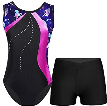 iEFiEL Mädchen Glitzer Turnanzug Ärmellose Leotards Rückenfrei Ballettanzug mit Strass Ballettkleidung Gymnastikbody Tanzkostüm Marineblau + Rosa 122-128
