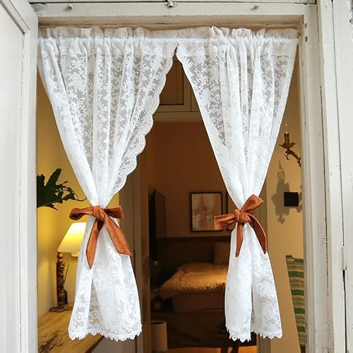 Daliena Scheibengardinen Lang Weiß Landhausstil Bistro Gardine mit Stangendurchzug, Halbtransparent hochwertige Stickerei, BxH 65x140cm 2 Stücke