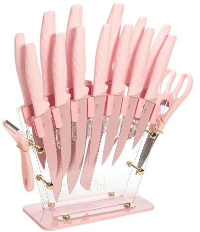 Paris Hilton Knife Block Set with Fan Style Clear Acrylic Knife Block, Premium Stainless Steel Blades with Nonstick Coating, Comfort Grip Handles, 16-Piece Set, Pink and Gold