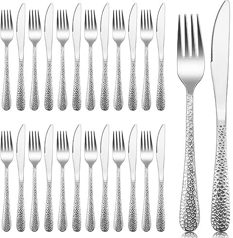 Herogo Steakbesteck Set, 24-teilig Edelstahl Tafelmesser und Tafelgabeln für 12 Personen, Silber Pizzabesteck Set mit 12 Messer und 12 Gabel, Rostfrei Besteck Set, Spülmaschinenfest