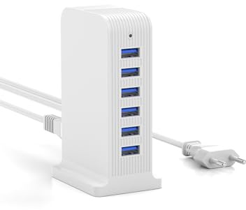 6 Port USB Ladegerät 25W, USB Ladestation mit Smart IC | Tower Design für Schreibtisch und Reise, gleichzeitiges Laden mehrerer Geräte, kompatibel mit Smartphones Tablets Kopfhörern