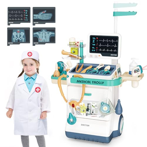 Sotodik Doctor Kit for Kids 28 Accessories Pretend Medical Station Set Mobile Cart with Lights,Thermometer, Stethoscope and Doctor Costume Role Play Role Play Educational Toys for Boys & Girl Toddlers