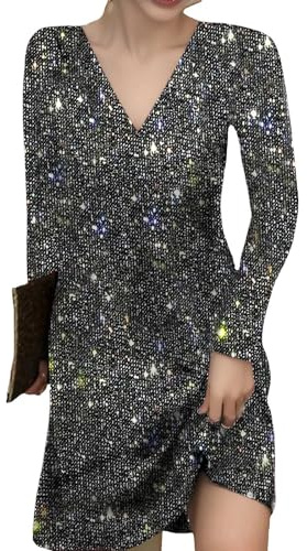 Cihdmfb Glitzer Kleid Damen Große Größe Pailettenkleider Elegant V-Ausschnitt Langarm Festlich Partykleid Glitzer Cocktailkleid Pailletten Frauen Kleider Glitzerkleid Abendkleid
