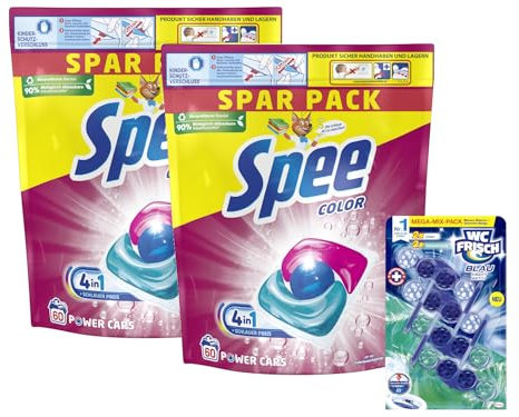 Spee Power Caps Color (1x 120 WL), Colorwaschmittel für Buntwäsche & Dunkles, vordosiertes Waschmittel & WC FRISCH Kraft Aktiv Blauspüler Mix Chlor + Ozeanfrische, 1x 200g