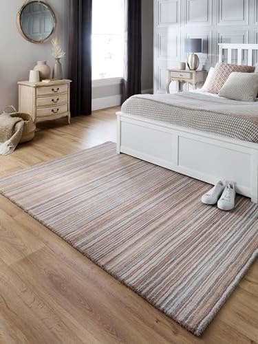 Lord of Rugs Striped Wool Area Rug Hand Tufted Ombre Textured Rug, Soft Carpet for Living Room, Bedroom & Dining Room Beige, 120 x 170 cm (4'x5'6)