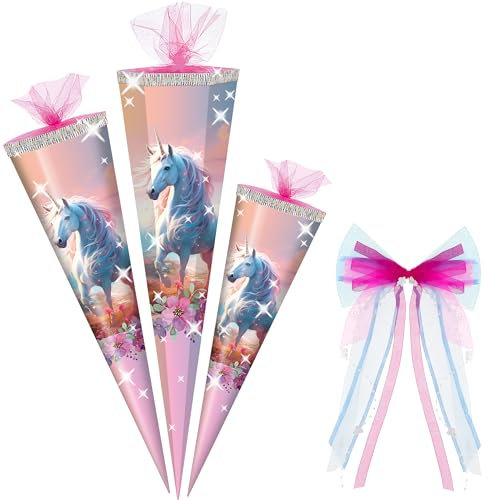 alles-meine.de GmbH Schultüte - Einhorn & Blumen - 50-85 cm - Größe wählbar - inkl. Bänder Schleife - Zuckertüte - Tüll Abschluß - eckig/rund - klein & groß - Geschenktüte - ..