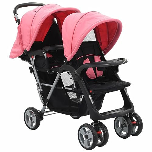 Gecheer Geschwisterwagen Zwillingswagen Tandem Kinderwagen Zusammenklappbar, Großer Staukorb, Schutz vor Sonnenlicht und UV-Strahlen, Stahl Rosa und Schwarz