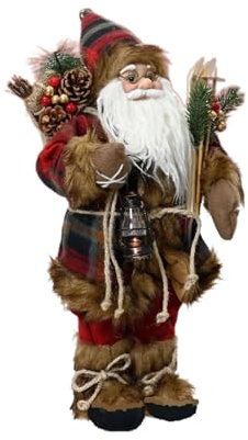 Kaemingk Traditional standing santa - father christmas figure - 30cm christmas figurine - red tartan fur trim coat holding lantern and skis - indoor standing santa decoration.
