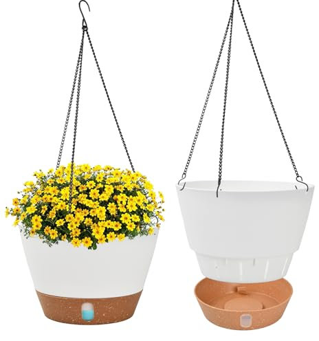 Dokeno 2 Vasi da Fiori Sospesi 25,2 cm in Plastica con Catena in Metallo, Fori di Drenaggio e Sottovaso Rimovibile con Livello d'Acqua Visibile, per Interni, Balcone, Giardino