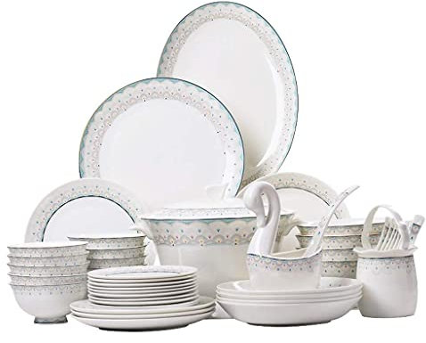 KHYTEBV Juego de vajilla de cerámica con 50 Piezas/Cuenco/Olla para Sopa/Cuchara | Vajilla de Porcelana China, Juego Combinado de Porcelana con diseño de Pavo Real Azul