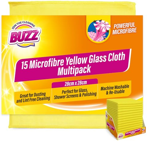 BUZZ 15pk Yellow Lint Free Cloths - Streak Free Microfibre Duster | 28x28cm reusable machine washable, for glass, mirrors, screens and everyday polishing