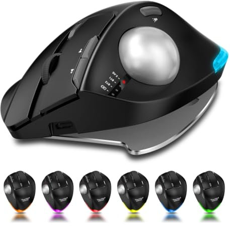 Mouse Trackball Wireless, Mouse Ergonomico Wireless con Bluetooth 2.4G, Ricaricabile Mouse per PC, Mac, Windows, Controllo Pollice, con Luci Colorate RGB Pulsanti Programmabili Trasformazione Nero