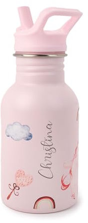 J.Børn Personalisierte Flasche mit Strohhalm für Kinder 350ML | Handgemalte Designs | Einhäutige, lebensmittelechte Edelstahlflasche | Leichte Wasserflasche | Auslaufsichere Flasche (Einhörner)