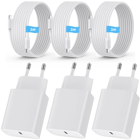 Pack de 3 Cargadores USB-C 20W + Cable de 2m USB-C/Lightning – Compatible con i-Phone 15/14/13/12 Pro MAX/Mini, Sam-Sung Galaxy S23/S22, Air-Pods Pro, i-Pad Enchufe EU Compacto Blanco