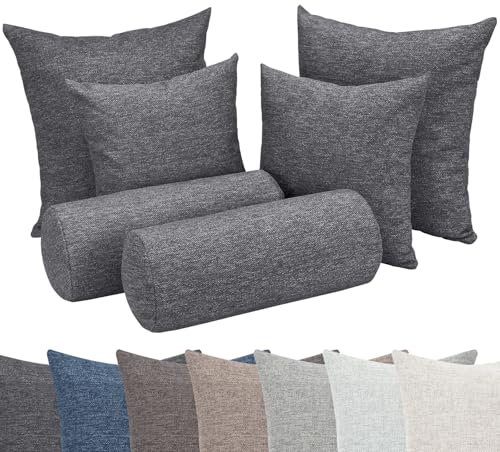 Selfitex Großes 6-teiliges Boxspringbett Kissen Set, 2X 50x50/2x 40x40/2x Nackenrolle 18x44, Sofakissen inkl. weichen Füllkissen, stilvolles Dekokissen Set für Bett und Sofa (Anthrazit)