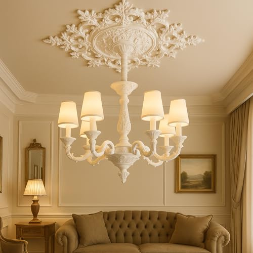 Nuanchu 35.4'' Large PU Ceiling Medallion Combination Decorative 2.36'' ID French Style Chandelier Base Ceiling Medallion for Light Fixtures Victorian Rosette Light Covers for Chandeliers(Fresh)