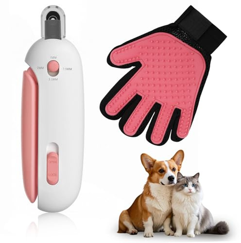 Forbici professionali per cani e gatti con apertura regolabile da 1 a 3,5 mm, Splash Guard, levigatrice a artigli nascosta + guanto antigraffio per cani di piccola taglia, gatti, conigli e porcellini