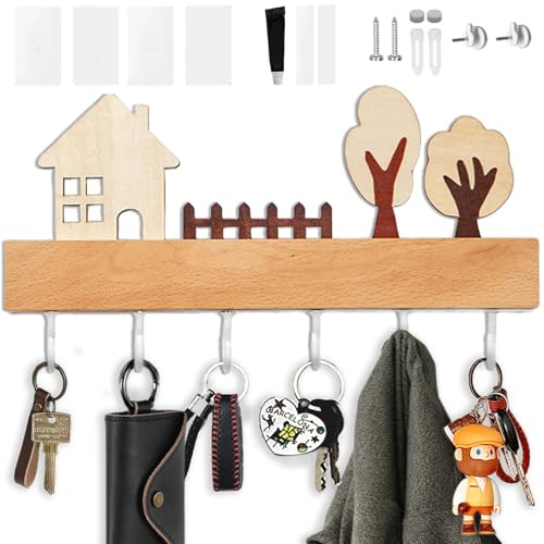 Echehi Elegant Wooden Key Holder for Wall with 6 Sturdy Hooks, Versatile 4-Way Mounting for Home, Hallway, Bedroom Decor. White