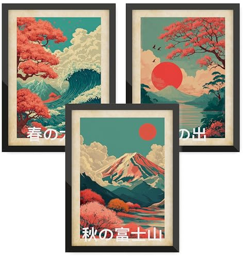 Donari Lot de posters japonais - Tableaux muraux avec motifs asiatiques - Kyoto, Tokyo et culture traditionnelle - Idée cadeau pour les fans du Japon (Set 1 - Fuji x fleur de cerisier, 21 x 30 cm