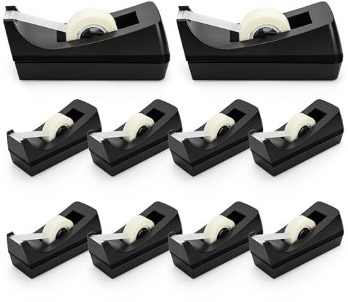 Suwimut 10 Pack Desktop Tape Dispenser, 1 Inch Core Tape Dispensers with 10 Rolls Invisible Tapes Refills, Non Skid Base Plastic Tapes Roll Dispenser Bulk for Desk Office Home School, 0.7 x 985 Inches