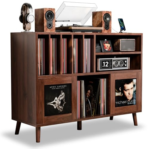 XL Record Player Stand with Sliding Doors, 500+ Vinyl Record Storage Cabinet with Charging Station & USB Ports, Mid Century Modern Record Player Table,Turntable Stand with Wood Legs for Living Room