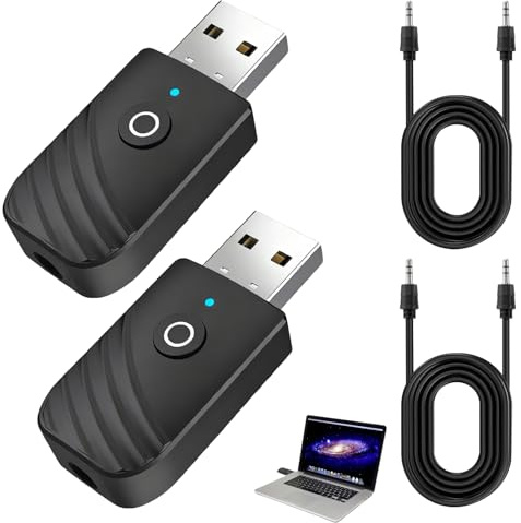 2 Stück 3-in-1 Adapter Bluetooth 5.0 Sender Empfänger Audio USB mit Reichweite 20 m, 3,5 mm Klinke und Plug-and-Play – Universeller Bluetooth-Dongle für TV, PC, Auto, Kopfhörer und Lautsprecher