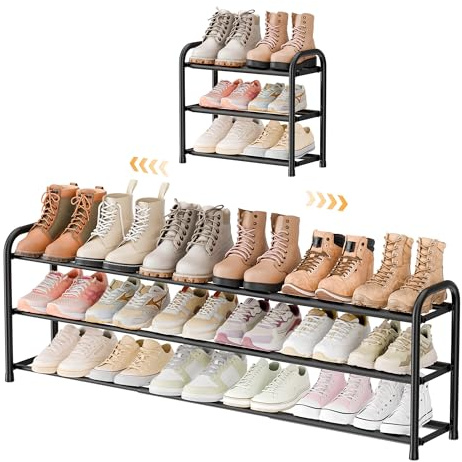 ENJOYBASICS 3 Levels Expandable Shoe Rack, Adjustable Metal Shoe Storage | 45 to 118 cm Extra Long Black Shoe Rack, Space Saving for Inside Wardrobe Closet, Small Spaces, Hallway, Bedroom, Outdoor