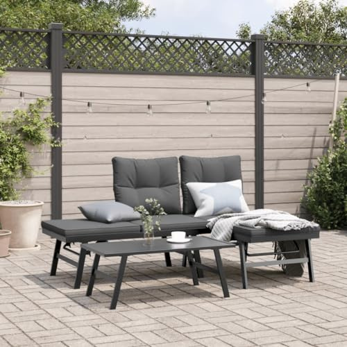 QJBSAVVA 3-TLG. Garten-Sitzgruppe Schwarz Stahl 90 x 45 x 35 cm Couchtisch Anthrazit Kissen mit Rückenlehne verstellbar Modernes Design für Garten Terrasse Balkon