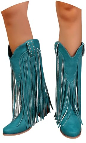 Vintage Western Cowboystövlar Med Fransar Damknähöga Stövlar Med Spetsiga Tår Och Blockklack Plus Size Riddarstövlar Med Nitar Höst/vinter Slip-on Skor for Konserter,36-43 EU(Blue,36 EU)