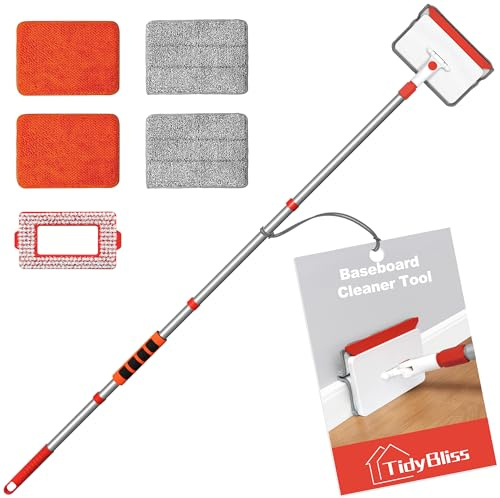 TidyBliss Wischmopp Fliesenreiniger Gerät mit Griff, 142 cm Lang Fliesen Reinigungsgerät, 4 Wiederverwendbares Tuch, 1 Schrubber mit Steifen Borsten für Dielen Decken Fenster Badezimmer (Rot)
