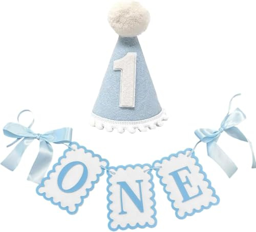 CharmeFleur Baby Boy 1st Birthday Blue Decorations - Scalloped One Banner & Felt Pom Pom Hat Set, Dusty Blue First Year Party Supplies, Highchair Garland for Cake Smash