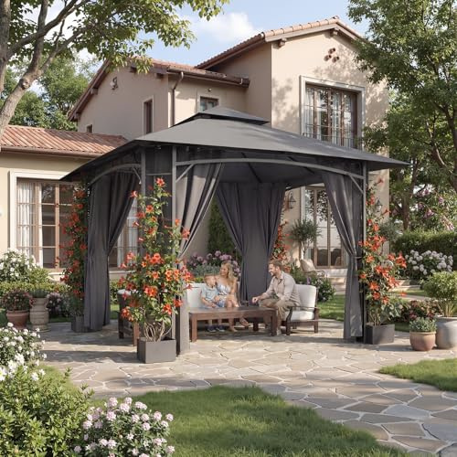 JUMMICO Pavillon de Jardin 3.3x3.3m en Fer avec Bac à Fleurs, 4 Parois Latérales, Stable, Résistant au Vent et aux Intempéries - Structure Métallique, Salon de Jardin, Gris