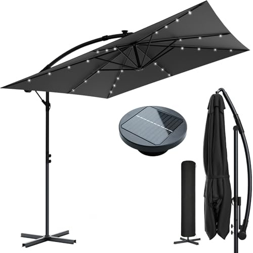 Huracan Sombrilla de aluminio de 350 cm, pantalla solar LED, cubierta grande, con soporte, protección UV, resistente al viento, giratoria 360°, sombrilla de jardín, terraza, color antracita