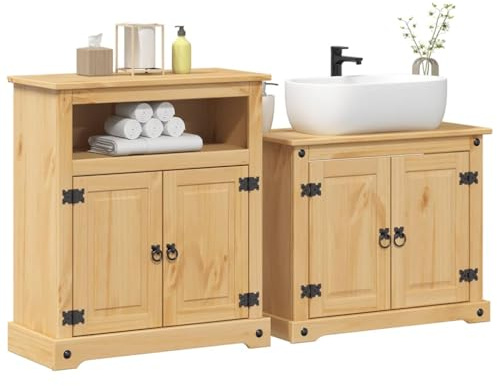VIHHQGC 2-teiliges Badmöbel-Set Corona Massivholz Kiefer mit Schrank und Regal für Stauraum, robuste Holz Badmöbel mit praktischen Griffen und Tür, pflegeleichtes Badezimmer Set