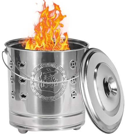 Braciere per esterni, secchio portatile in acciaio , con coperchio, gancio per fuoco e cestino per la combustione dei rifiuti, per rifiuti da giardino, legno, rifiuti, denaro falso, braciere
