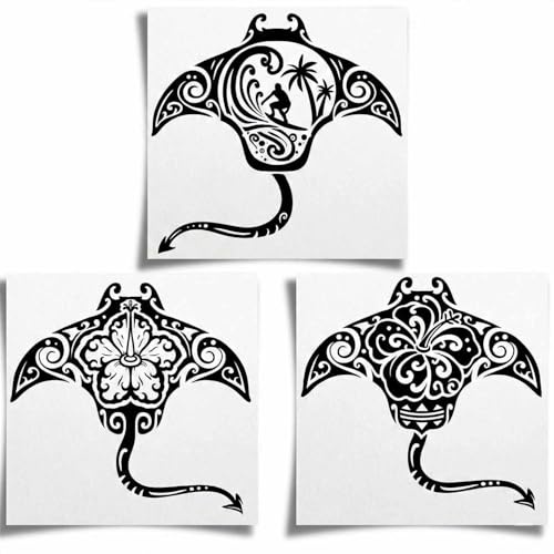 Tattoo Your Style - 3 Tatouages Éphémères Semi-Permanents Raie Manta Maori (Surf & Hibiscus) - Dure jusqu'à 2 Semaines (Jagua Naturel) - Tribal Polynésien Homme Femme
