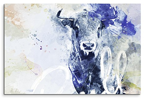 Bild Leinwand 120x80cm Mächtiger Stierkopf in Blautönen mit Kalligraphie