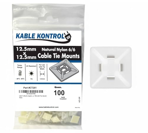 Kable Kontrol White Natural Zip Tie Bases, 12.5 mm x 12.5 mm, Pack of 100 Cable Tie Adhesive Mounts Self Adhesive Mounts Multi-Purpose Zip Ties Bases, Cable Holder Sticky Pads - White Natural | Multi-Purpose Mounting Squares Nylon Cable Tie Wrap Anchor Pads for Cable Management